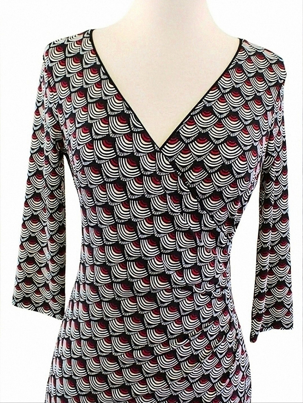 WHBM Black White Red Geometric 3/4 Sleeve Faux Wrap Asymetric Hem. Sz. 12